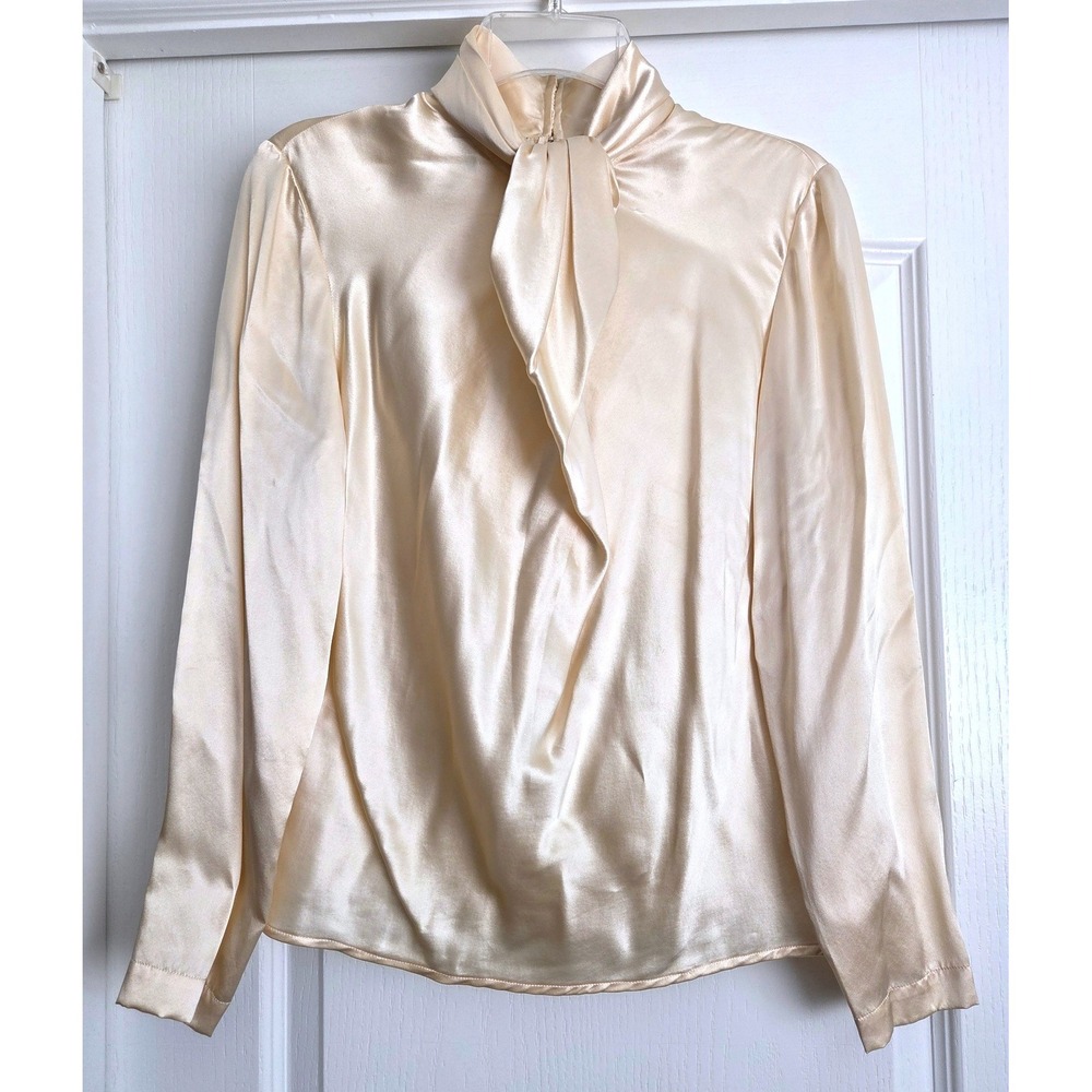VTG Coldwater Creek Silk Blouse Champagne Cream Mock Tie Neck Long Sleeve Top 4